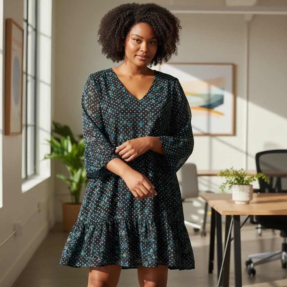 Draper James Black Floral Mini Shift Dress SIZE 14 Business Casual Designer $145